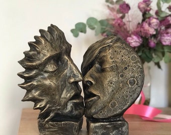 Bronze color sculpture to the moon and back, moon with sun decor, wedding gift anniversary, romantic gift for her