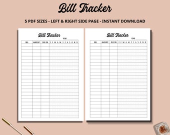 Bill Tracker,Yearly Bill Planner,Finance Planner,PDF Printable Inserts,Payment Organizer,Monthly Bill Tracker,Bill Payment List,Bill Log A4