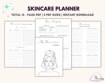 May include: A black and white printable skincare planner with a total of 13 pages. The planner includes sections for weekly and monthly routines, skin type, skin care goals, and new products to try. The planner also features a cute illustration of a woman with a towel on her head.