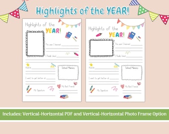 Highlights of the year, School Memory album, School Book, Last Day of School, School Memory Pages, Kids Journal, Kids Questionnaire, PDF