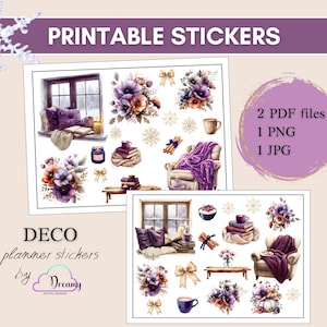 Winter Printable Stickers, Cozy Printable Stickers, Purple Winter Stickers, Deco Stickers, Planner Printable Stickers, Decorative Stickers