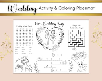Kids Wedding activity coloring placemat, Wedding Reception Favor, Wedding activities for kids, Wedding activity book, Wedding placemat, PDF