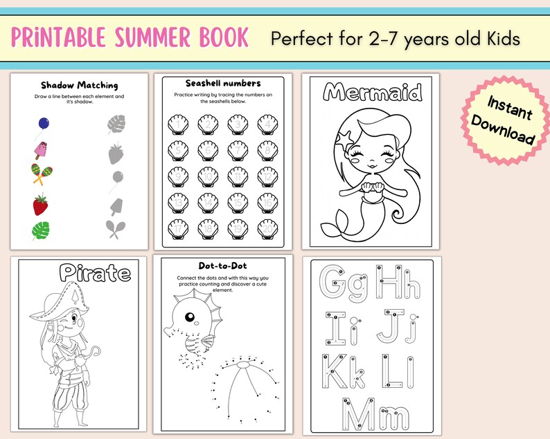 K&ouml;nnte beinhalten: Ein druckbares Sommer-Aktivit&auml;tsbuch f&uuml;r Kinder im Alter von 2 bis 7 Jahren. Das Buch enth&auml;lt Schwarzwei&szlig;illustrationen einer Meerjungfrau, eines Piraten, von Muscheln und Buchstaben. Der Text auf dem Cover lautet "Printable Summer Book" und "Perfekt f&uuml;r Kinder von 2 bis 7 Jahren".