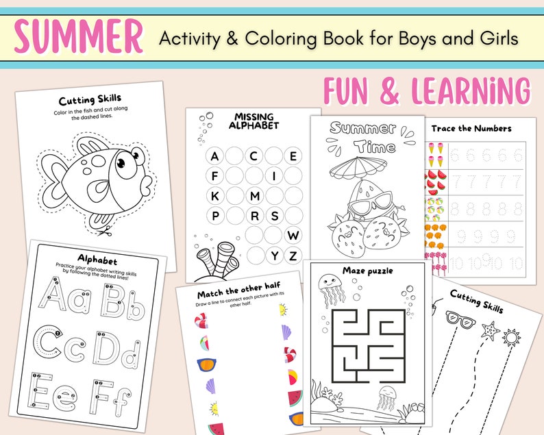 K&ouml;nnte beinhalten: Schwarzwei&szlig;es druckbares Aktivit&auml;tsbuch f&uuml;r Kinder mit Sommermotiven wie Fisch, Alphabet-Nachzeichnen, Wassermelone, Quallen und Sonnenbrillen. Das Buch enth&auml;lt Aktivit&auml;ten wie Schneide&uuml;bungen, fehlendes Alphabet, Zahlen nachzeichnen und Labyrinthe.