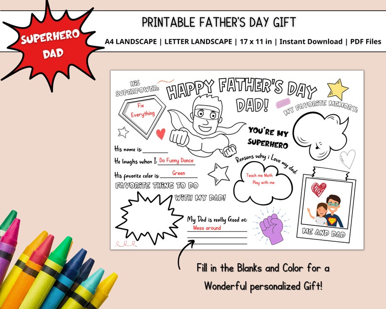 Printable Fathers Day Craft, Coloring Superhero Dad Template, Kids Gift for Fathers Day, Printable Fathers Day Page, All about my Dad, PDF image 2