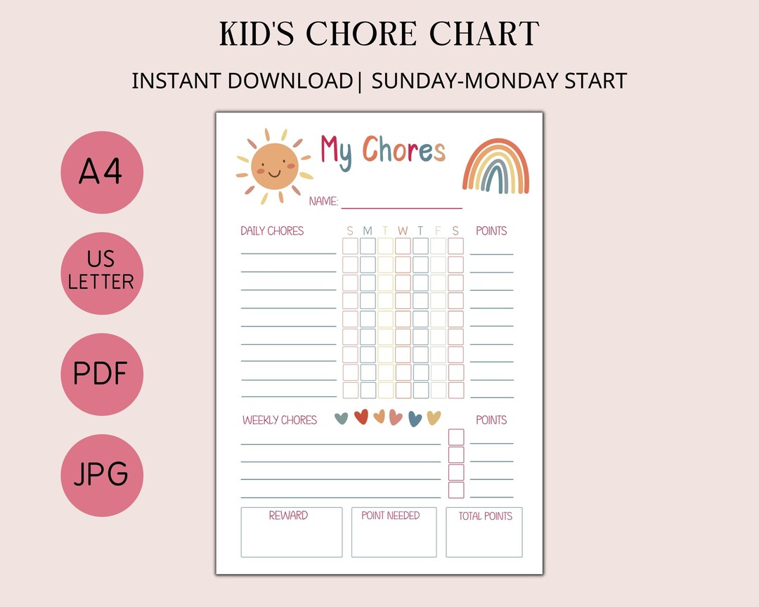 Kids Chore Chart,printable Chore Chart,printable PDF Chart,daily Chore ...