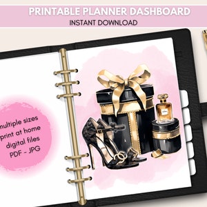 Printable planner dashboard, Fashion essentials dashboard, Black and Gold fashion items dashboard, Parfume planner dashboard, Printable PDF