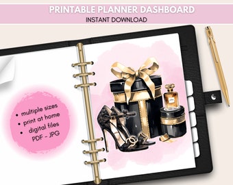 Printable planner dashboard, Fashion essentials dashboard, Black and Gold fashion items dashboard, Parfume planner dashboard, Printable PDF