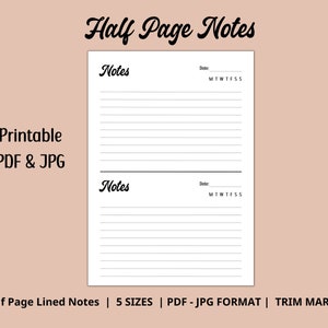 Printable Lined Notes Page,Half Page Lined Notes,Double Notes Page,Printable Notes Page,Printable PDF,Instant Download,Planner Inserts