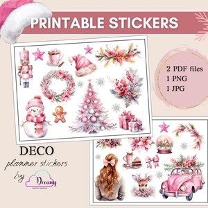Pink Winter planner stickers, Pink Christmas Printable Stickers, Pink Winter Deco Stickers, Decorative Printable Stickers, Winter Stickers