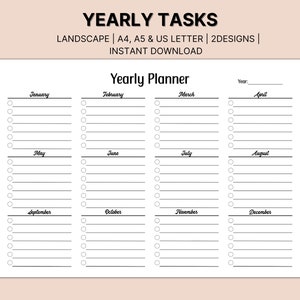 Minimalist Yearly Planner, Landscape Printable Yearly Planner, Editable Yearly Planner, Yearly At a Glance, 12 Months Overview, Yearly Tasks