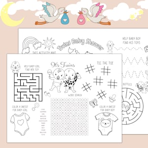 Tovaglietta per baby shower per gemelli, libro da colorare e attività per baby shower, baby shower per gemelli, giochi per baby shower per bambini, PDF da colorare stampabile