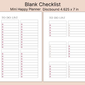 Printable Blank Checklist, To do List Planner, Minimalist Planner, Blank Checklist, Printable Checklist, Planner Refills, Mini Happy Planner