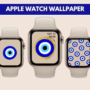 May include: Three Apple Watch faces with a blue and white evil eye design. The center watch face shows the time as "SAT 11 09:00". The left watch face shows a single evil eye. The right watch face shows a pattern of evil eyes.