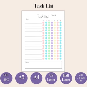 Lista de tareas semanal imprimible,Lista de tareas,Rastreador de tareas,Lista de verificación,Rastreador de motivación,Lista de motivación,Carta de EE. UU.,Media letra,HP clásico,A4,A5,Lista
