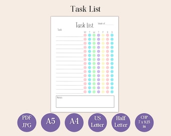 Tygodniowa lista zadań do wydrukowania, lista zadań, śledzenie zadań, lista kontrolna, śledzenie motywacji, lista motywacji, list US, pół listu, klasyczny HP, A4, A5, lista