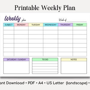 Printable Weekly Lesson Plan,Weekly School Scedule,Homeschool Planner,Instant Download,A4,Us Letter,Weekly Planner,Weekly Lesson Plan,PDF image 1