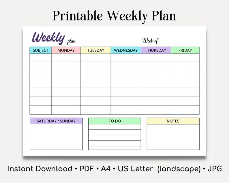 Printable Weekly Lesson Plan,Weekly School Scedule,Homeschool Planner,Instant Download,A4,Us Letter,Weekly Planner,Weekly Lesson Plan,PDF image 1