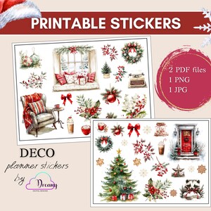 Christmas Printable Stickers, Red Christmas Deco Stickers, Decorative Printable Stickers, Watercolor Printable Stickers, Bullet Journal