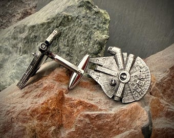 Handcrafted Millennium Falcon Pewter Cufflinks | Sci-Fi Starship Cuff Links | 30mm Cast Metal Geek Wedding Gift