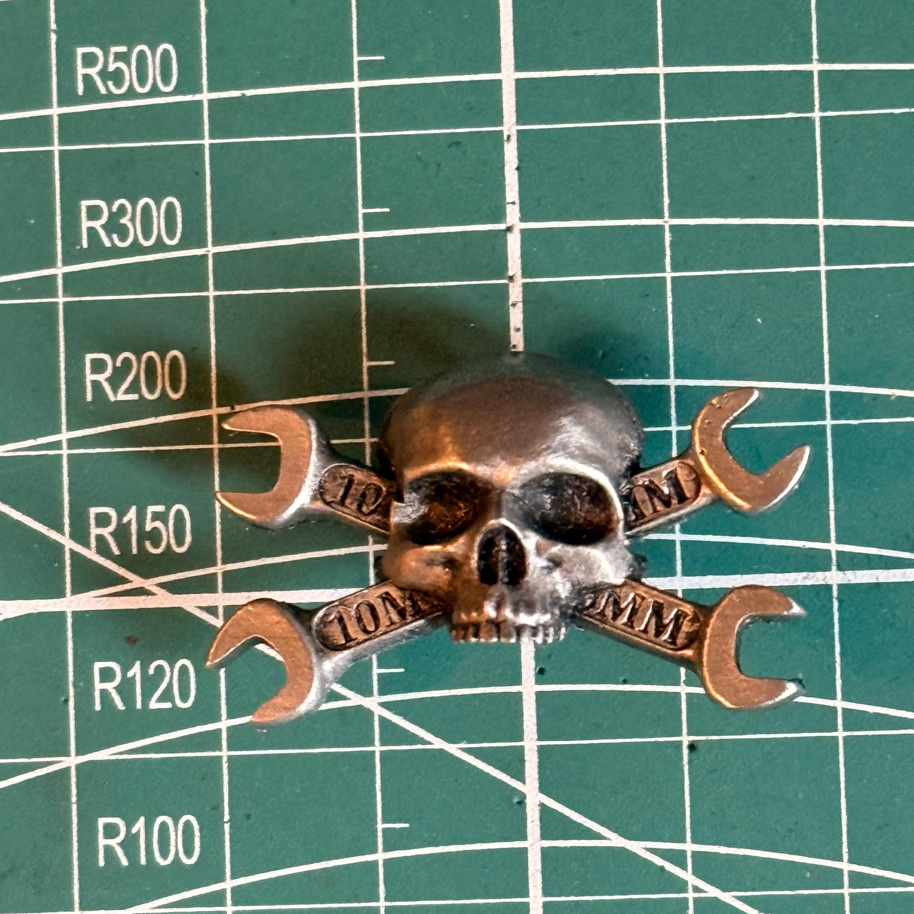 Skull Tool Skull And Crossbones Wrench Pin Badge Pewter Skull And