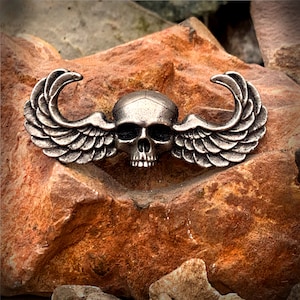 May include: A silver skull with wings, a military patch.