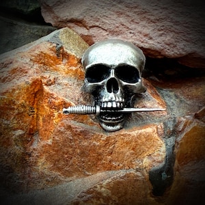 Puede incluir: Un cráneo plateado con un pequeño cuchillo plateado en la boca. El cráneo está sentado en una roca marrón y naranja.