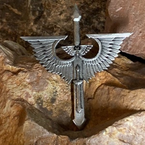 Winged Sword Pewter Badge: Handmade Lapel Pin