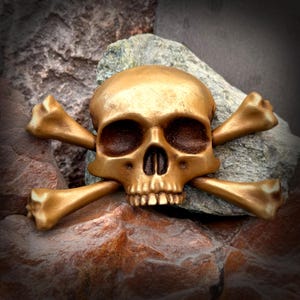 May include: A gold-coloured skull and crossbones emblem. The skull has detailed features, including eye sockets, a nose cavity, and teeth. The crossbones are positioned behind the skull. The emblem is set against a backdrop of rough, textured rocks.