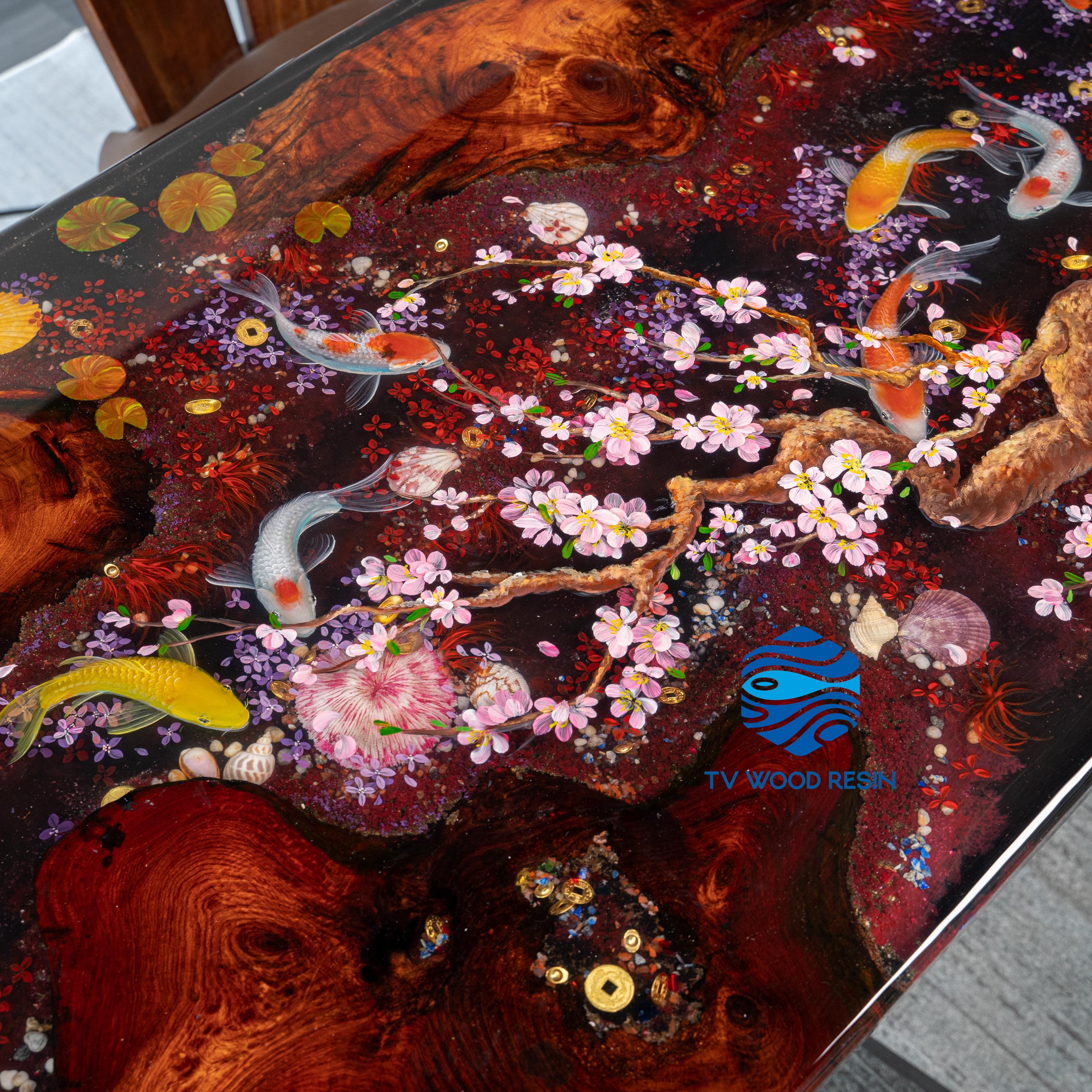 Cherry Blossom Koi Fish Epoxy Resin Table: Japanese Art Furniture