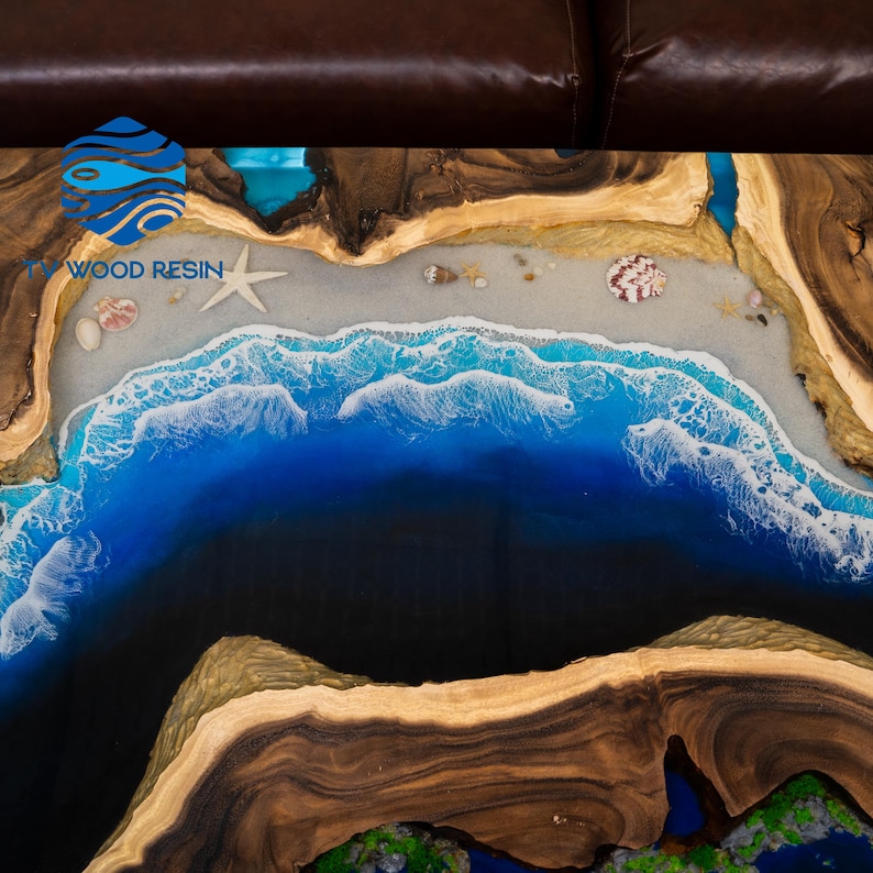 Custom Beach Sand & Ocean Wave Epoxy Resin Dining Table. Handcrafted ...