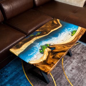 Ocean Epoxy Resin Table with Deep Sea Effect, Crystal Clear Water Layers, Natural Wood, Luxury Coastal Furniture