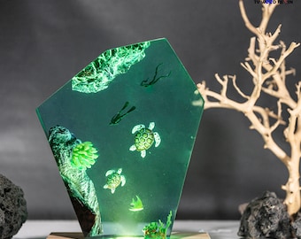 Turtle Resin Night Light: Ocean Scene with Coral, RGB LED Lamp