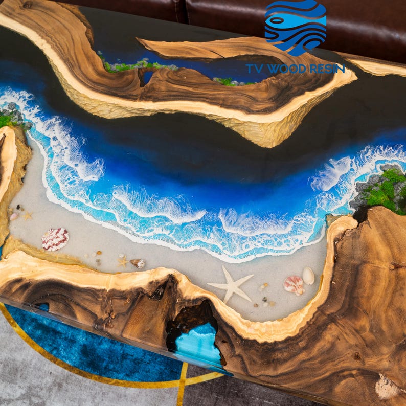 Custom Beach Sand & Ocean Wave Epoxy Resin Dining Table. Handcrafted ...