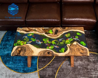 Koi Fish Resin Desk: Custom Handmade Epoxy Art Furniture - Exotic Hardwood, Unique 5th Anniversary Gift for Couple, Coastal Decor