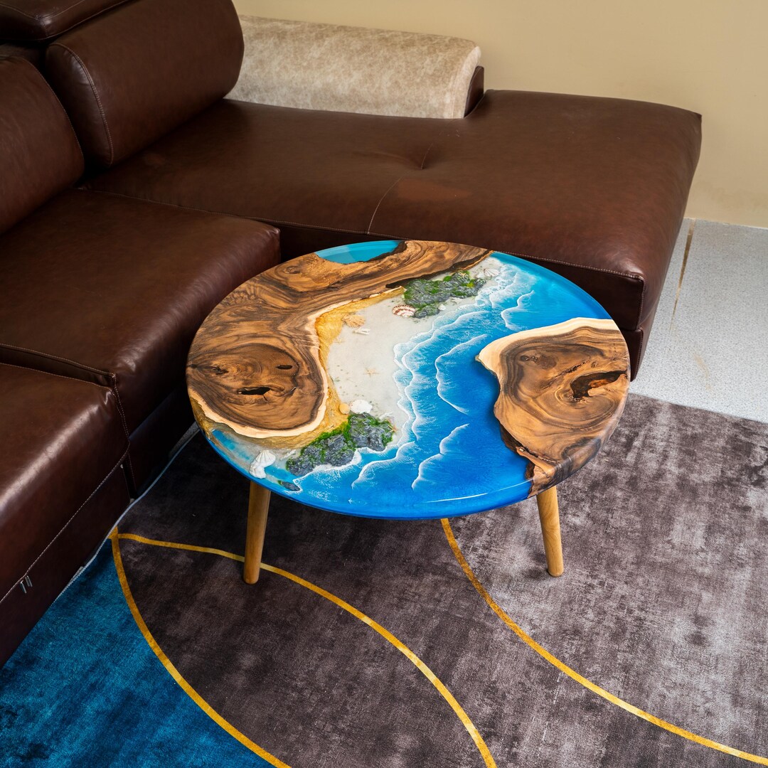 Round Epoxy Ocean Table, Layered Resin Sea Design With Blue Gradient ...