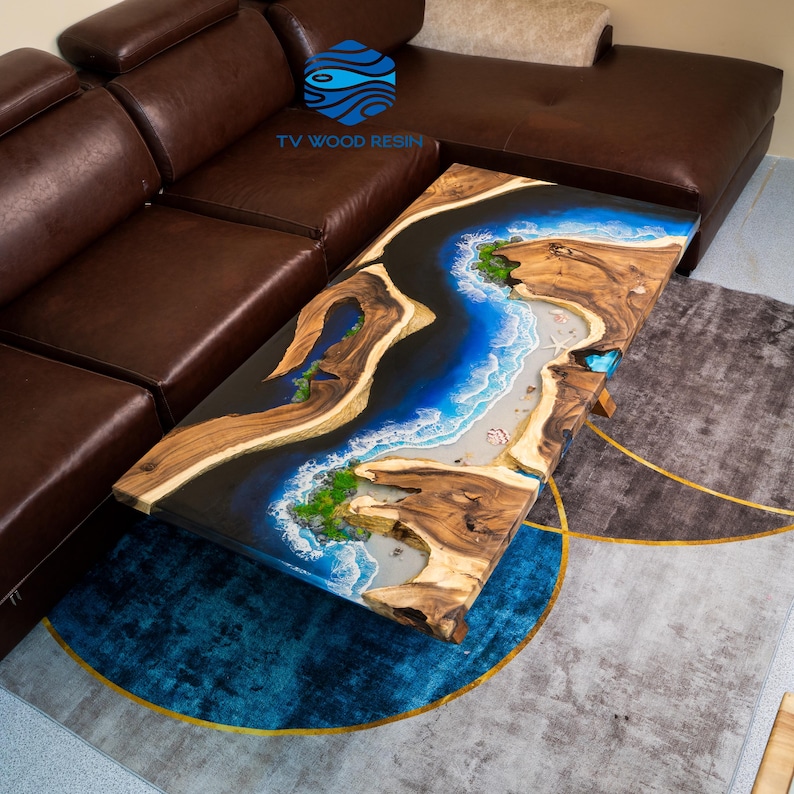 Custom Beach Sand & Ocean Wave Epoxy Resin Dining Table. Handcrafted ...