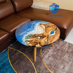 Round Ocean Epoxy Table, Resin Wave Surface with Layered Depth and Circular Water Flow Effect, Coastal Dining Table with Seashells