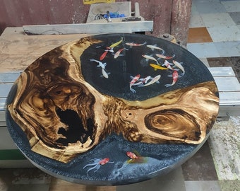 Hand-Painted Koi Resin Table: Round Wood Coffee Table