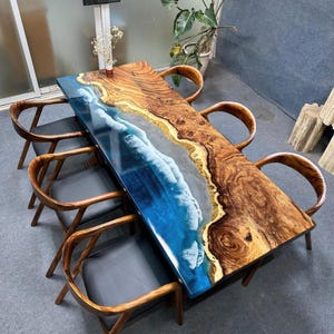 Handmade Ocean Epoxy Resin Table - Epoxy Beach Table, Layered Resin Wave Design with Realistic Water Movement Effect