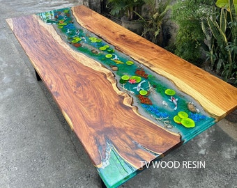 River Resin Dining Table, Wood and Epoxy Koi Pond, Custom Handmade Table