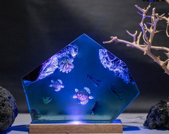 タートルレジンナイトライト：サンゴのある海の風景、RGB LEDランプ