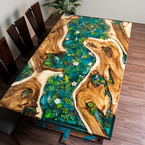 Hand-Painted Koi Fish Resin River Table, Modern Art