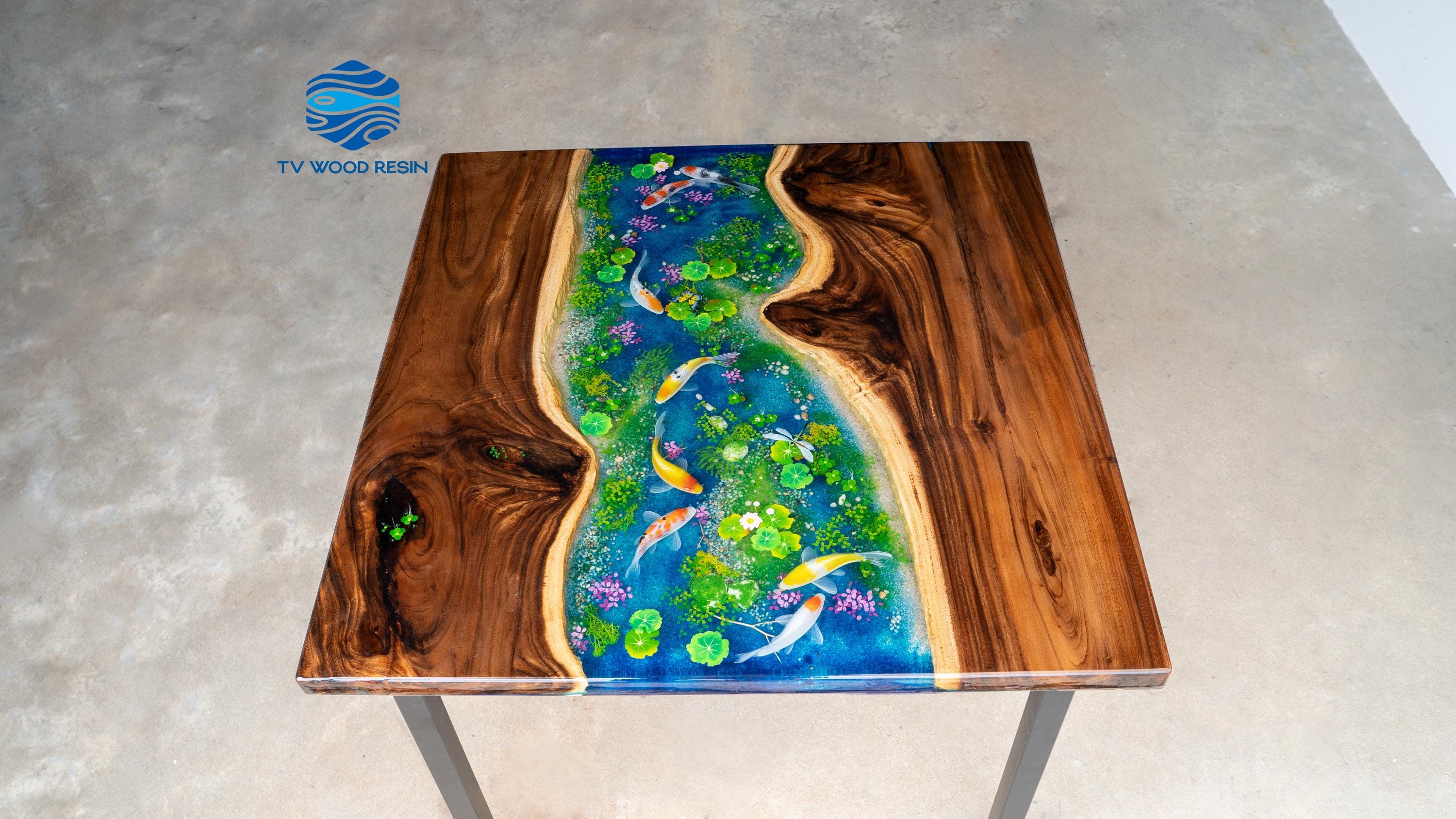 Square Koi Pond Epoxy Resin Table, Vibrant Swimming Koi Fish With Deep ...