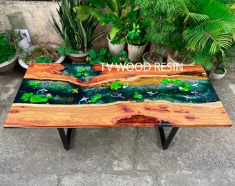 Hand-Painted Epoxy Resin Dining Table: Lotus & Koi Pond Design