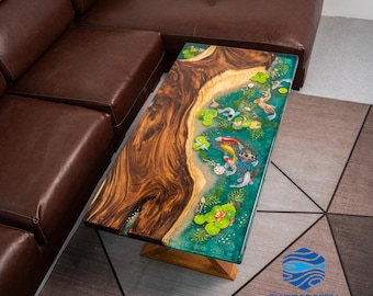 Hand Painted Koi Epoxy Table with Layered 3D Depth -  Hand Painted Resin Artwork Inspired by Zen Pond Nature