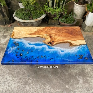 Custom Ocean Epoxy Table: Beach Coffee Table, Unique Wood & Resin