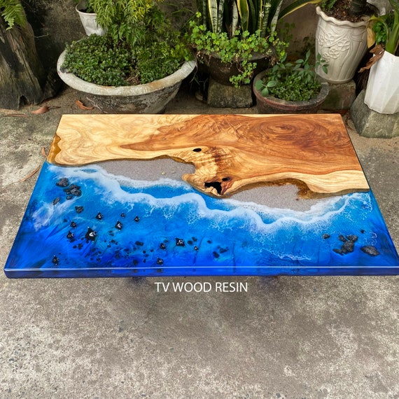 Custom Ocean Table - Epoxy Resin Beach Table, Layered Sea Wave