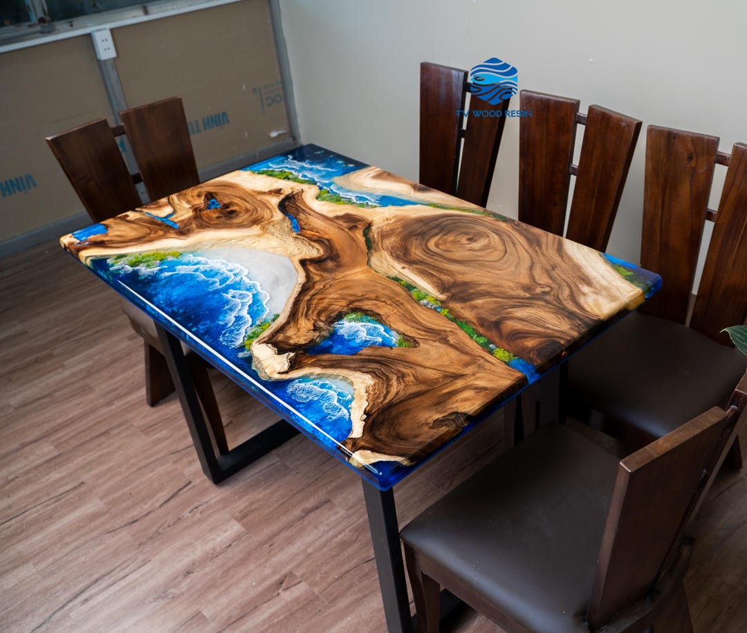 6 - 8 Seater Table, Ocean Epoxy Resin Wood Table, Coastal Inspired ...