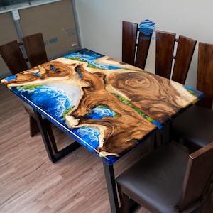 6 - 8 Seater Table, Ocean Epoxy Resin Wood Table, Coastal Inspired Dining Table with Blue Water Effect, Handmade Artistic Home Furniture